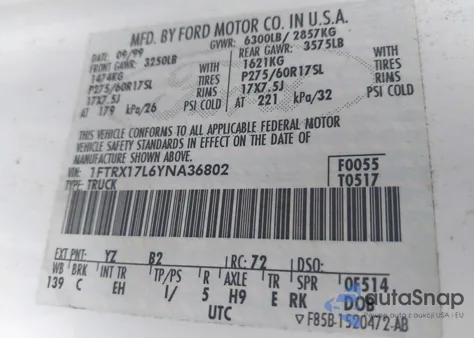 2000 Ford F-150 Lariat/Work Series/Xl/Xlt из США, поврежденный, VIN 1FTRX17L6YNA36802